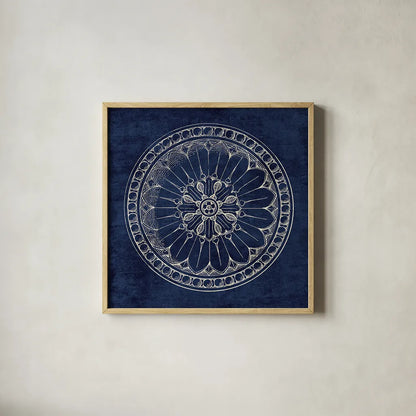 Rosette I Indigo by Wild Apple Portfolio. Shown in a natural wood glass frame for a timeless modern aesthetic. Available as an archival giclee rolled canvas, fine art paper, or poster print. SKU 23696a.
