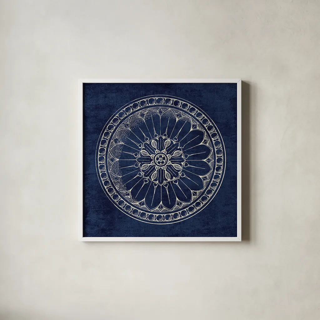 Rosette I Indigo by Wild Apple Portfolio. Shown in a crisp white glass frame for a clean and minimalist style. Available as an archival giclee rolled canvas, fine art paper, or poster print. SKU 23696a.