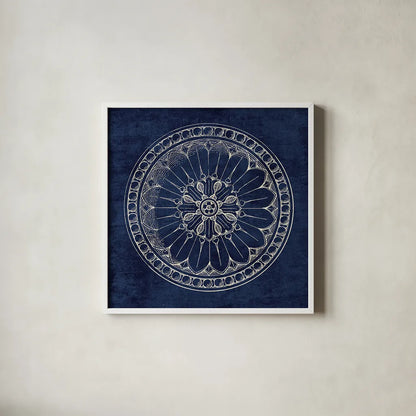 Rosette I Indigo by Wild Apple Portfolio. Shown in a crisp white glass frame for a clean and minimalist style. Available as an archival giclee rolled canvas, fine art paper, or poster print. SKU 23696a.