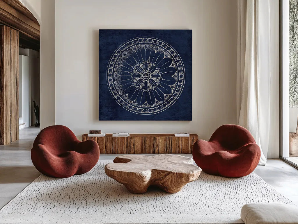 Rosette I Indigo by Wild Apple Portfolio. Shown as extra-large giant wall art in a modern living room. Available as an archival giclee rolled canvas, fine art paper, or poster print. SKU 23696a.