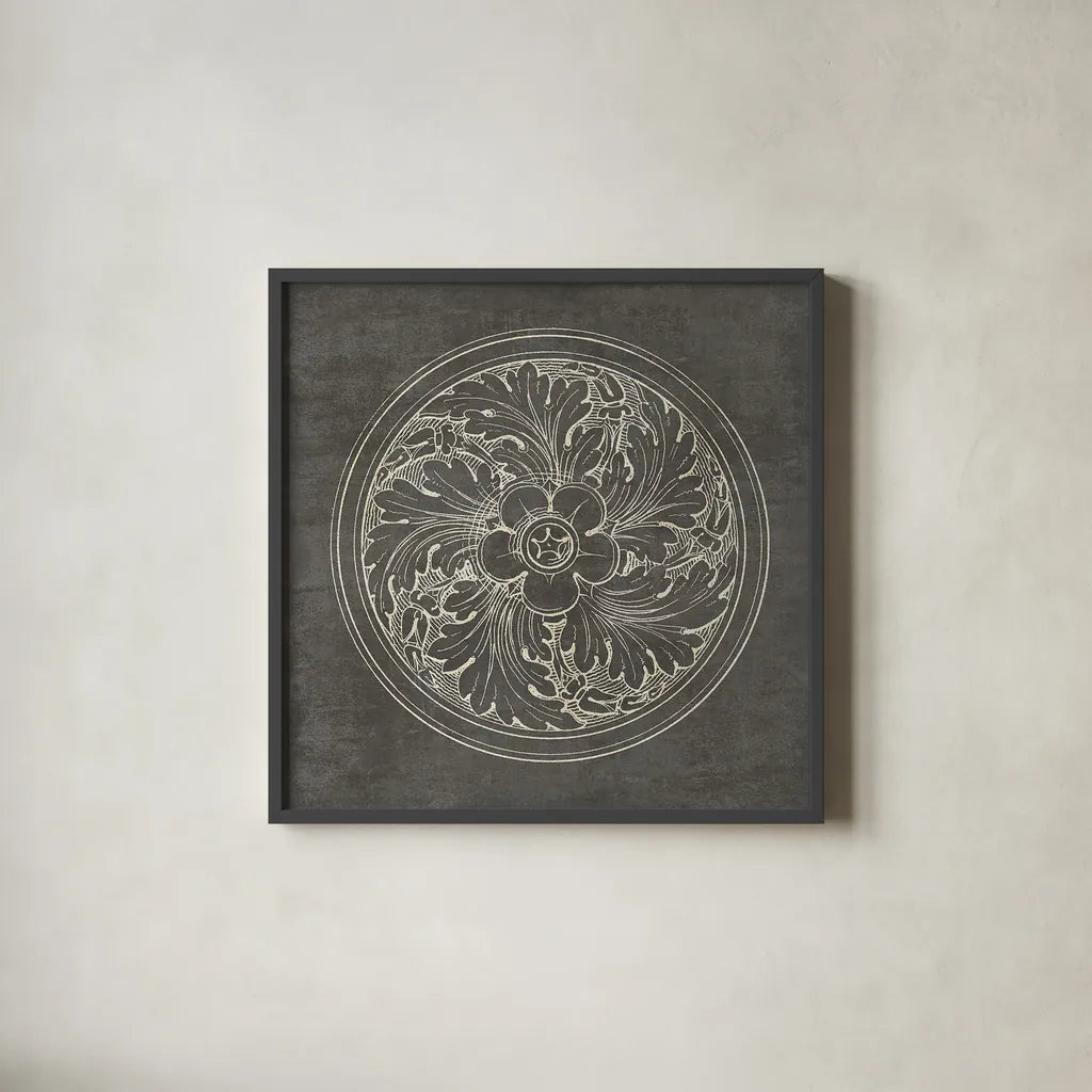 Rosette II Gray by Wild Apple Portfolio. Shown in a sleek black glass frame for a contemporary gallery look. Available as an archival giclee rolled canvas, fine art paper, or poster print. SKU 21574a.