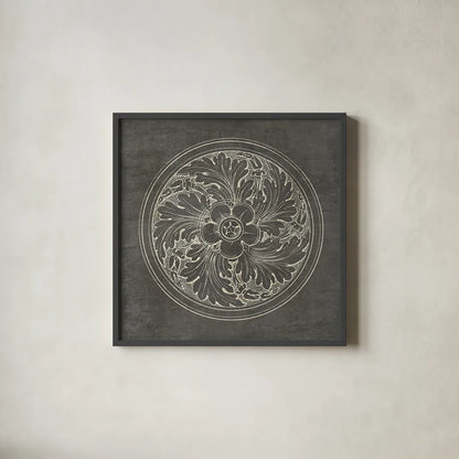 Rosette II Gray by Wild Apple Portfolio. Shown in a sleek black glass frame for a contemporary gallery look. Available as an archival giclee rolled canvas, fine art paper, or poster print. SKU 21574a.