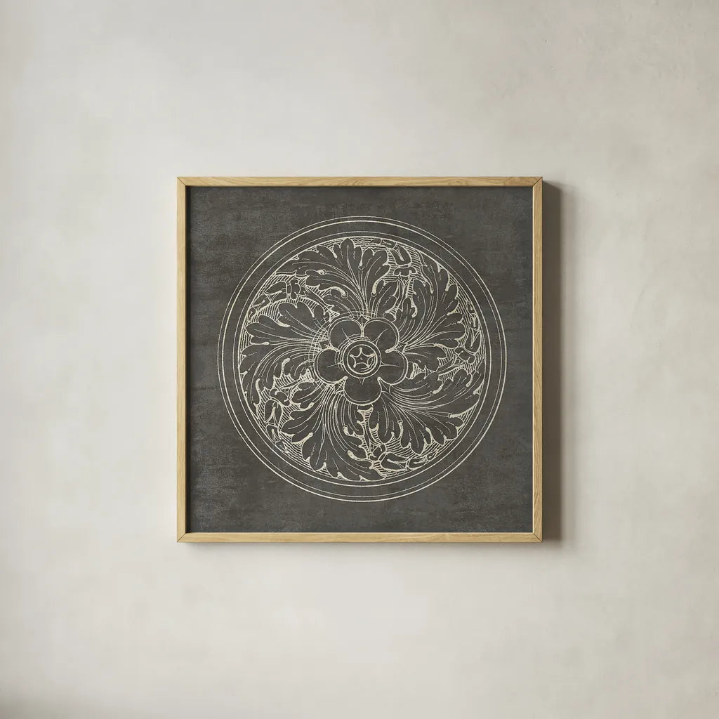 Rosette II Gray by Wild Apple Portfolio. Shown in a natural wood glass frame for a timeless modern aesthetic. Available as an archival giclee rolled canvas, fine art paper, or poster print. SKU 21574a.