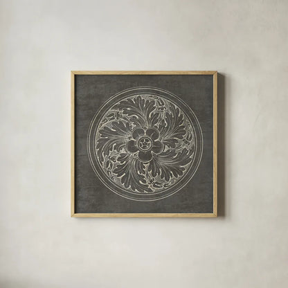 Rosette II Gray by Wild Apple Portfolio. Shown in a natural wood glass frame for a timeless modern aesthetic. Available as an archival giclee rolled canvas, fine art paper, or poster print. SKU 21574a.