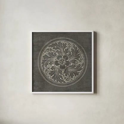 Rosette II Gray by Wild Apple Portfolio. Shown in a crisp white glass frame for a clean and minimalist style. Available as an archival giclee rolled canvas, fine art paper, or poster print. SKU 21574a.