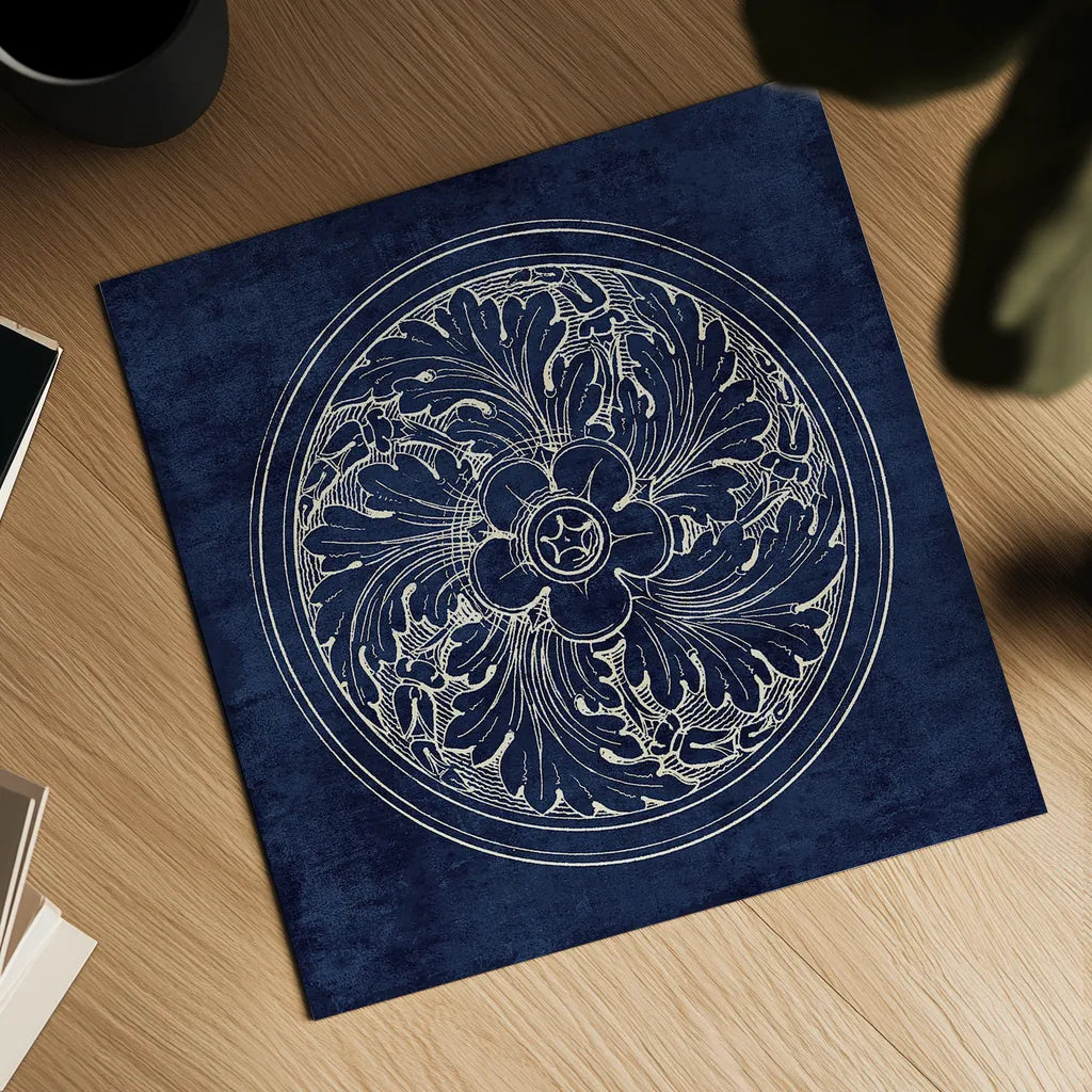 Rosette II Indigo by Wild Apple Portfolio. Shown as a detailed flat fine art print, highlighting archival giclee quality. Available as an archival giclee rolled canvas, fine art paper, or poster print. SKU 23697a.