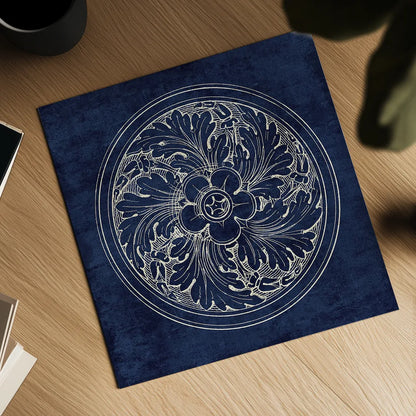 Rosette II Indigo by Wild Apple Portfolio. Shown as a detailed flat fine art print, highlighting archival giclee quality. Available as an archival giclee rolled canvas, fine art paper, or poster print. SKU 23697a.