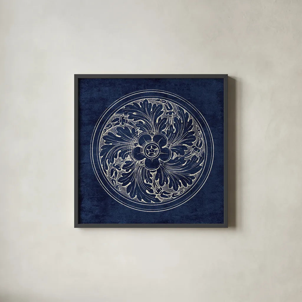 Rosette II Indigo by Wild Apple Portfolio. Shown in a sleek black glass frame for a contemporary gallery look. Available as an archival giclee rolled canvas, fine art paper, or poster print. SKU 23697a.