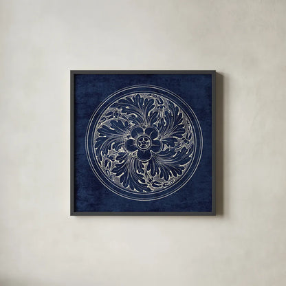 Rosette II Indigo by Wild Apple Portfolio. Shown in a sleek black glass frame for a contemporary gallery look. Available as an archival giclee rolled canvas, fine art paper, or poster print. SKU 23697a.