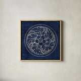 Rosette II Indigo by Wild Apple Portfolio. Shown in a natural wood glass frame for a timeless modern aesthetic. Available as an archival giclee rolled canvas, fine art paper, or poster print. SKU 23697a.
