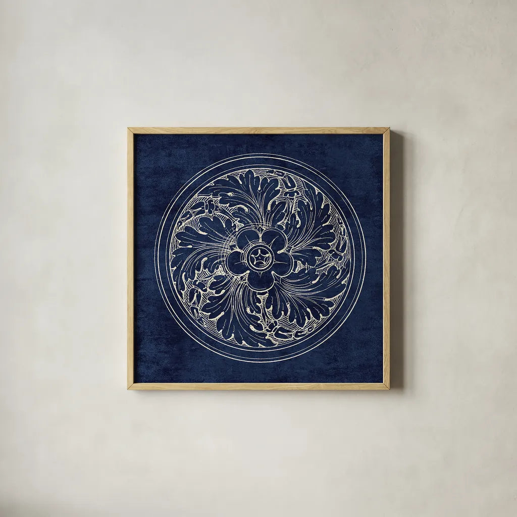 Rosette II Indigo by Wild Apple Portfolio. Shown in a natural wood glass frame for a timeless modern aesthetic. Available as an archival giclee rolled canvas, fine art paper, or poster print. SKU 23697a.