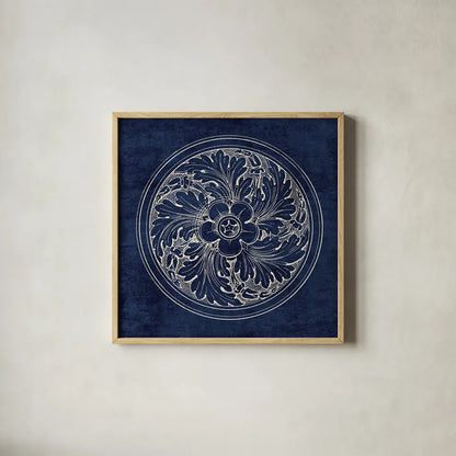 Rosette II Indigo by Wild Apple Portfolio. Shown in a natural wood glass frame for a timeless modern aesthetic. Available as an archival giclee rolled canvas, fine art paper, or poster print. SKU 23697a.