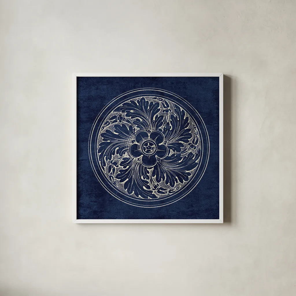 Rosette II Indigo by Wild Apple Portfolio. Shown in a crisp white glass frame for a clean and minimalist style. Available as an archival giclee rolled canvas, fine art paper, or poster print. SKU 23697a.
