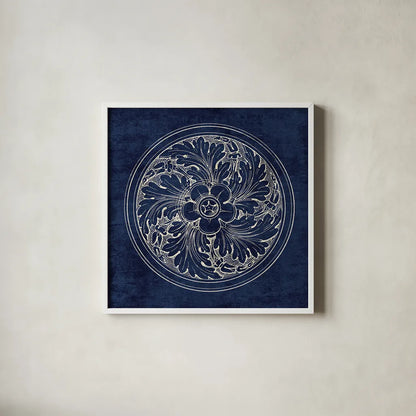 Rosette II Indigo by Wild Apple Portfolio. Shown in a crisp white glass frame for a clean and minimalist style. Available as an archival giclee rolled canvas, fine art paper, or poster print. SKU 23697a.