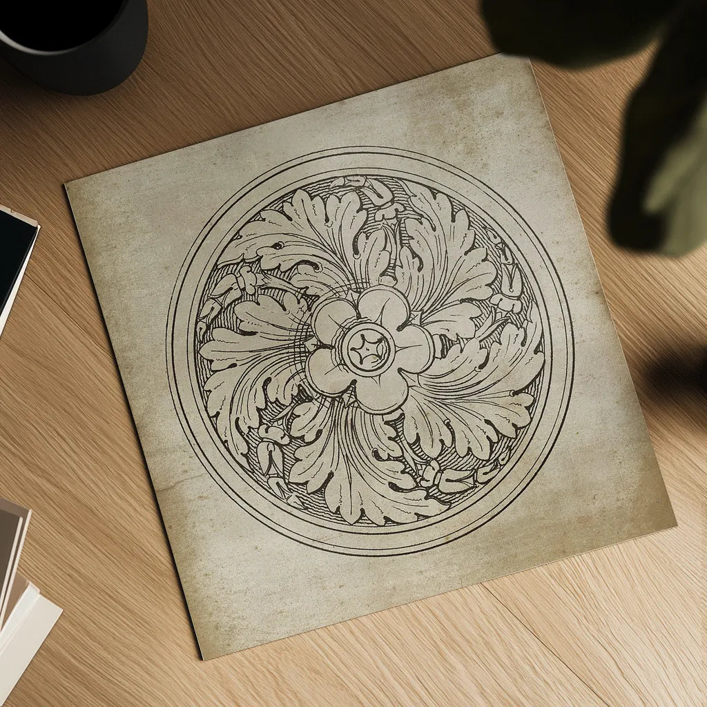 Rosette II Neutral by Wild Apple Portfolio. Shown as a detailed flat fine art print, highlighting archival giclee quality. Available as an archival giclee rolled canvas, fine art paper, or poster print. SKU 24305a.