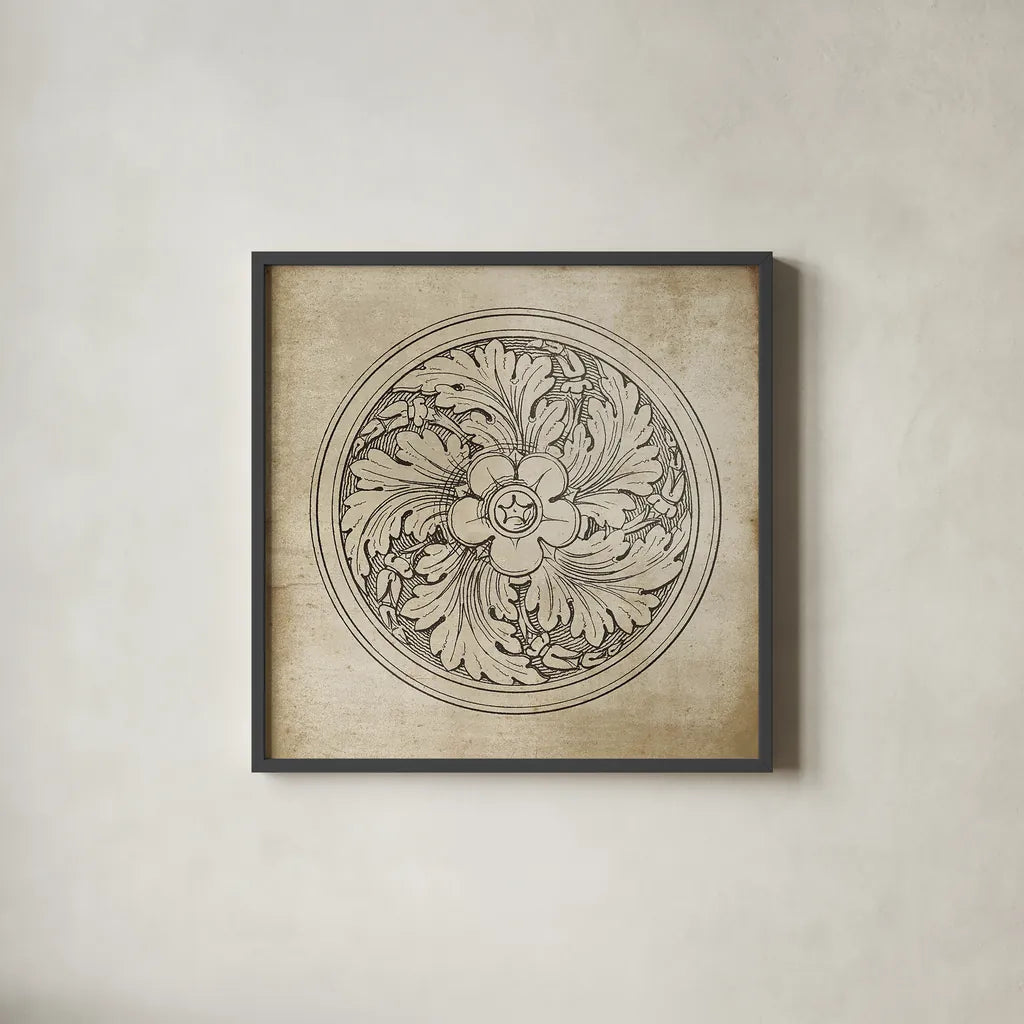 Rosette II Neutral by Wild Apple Portfolio. Shown in a sleek black glass frame for a contemporary gallery look. Available as an archival giclee rolled canvas, fine art paper, or poster print. SKU 24305a.