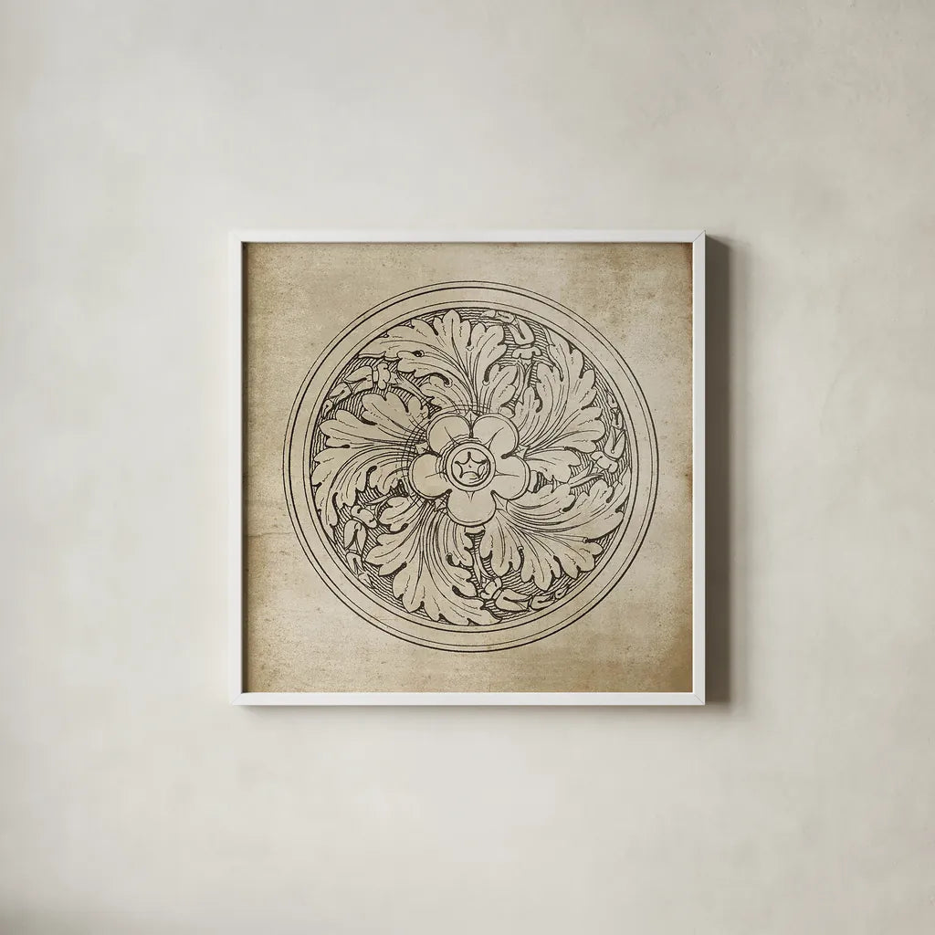 Rosette II Neutral by Wild Apple Portfolio. Shown in a crisp white glass frame for a clean and minimalist style. Available as an archival giclee rolled canvas, fine art paper, or poster print. SKU 24305a.