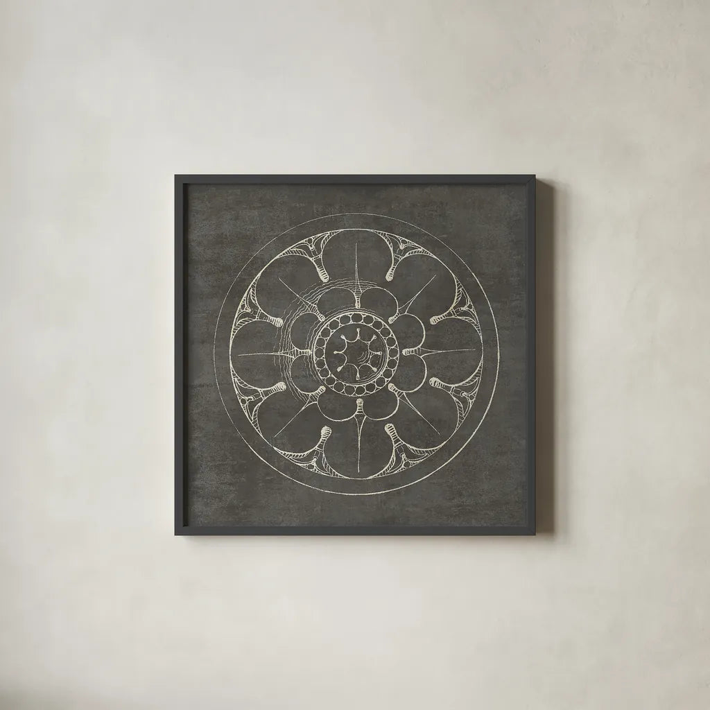Rosette III Gray by Wild Apple Portfolio. Shown in a sleek black glass frame for a contemporary gallery look. Available as an archival giclee rolled canvas, fine art paper, or poster print. SKU 21575a.