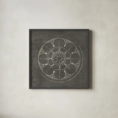 Rosette III Gray by Wild Apple Portfolio. Shown in a sleek black glass frame for a contemporary gallery look. Available as an archival giclee rolled canvas, fine art paper, or poster print. SKU 21575a.