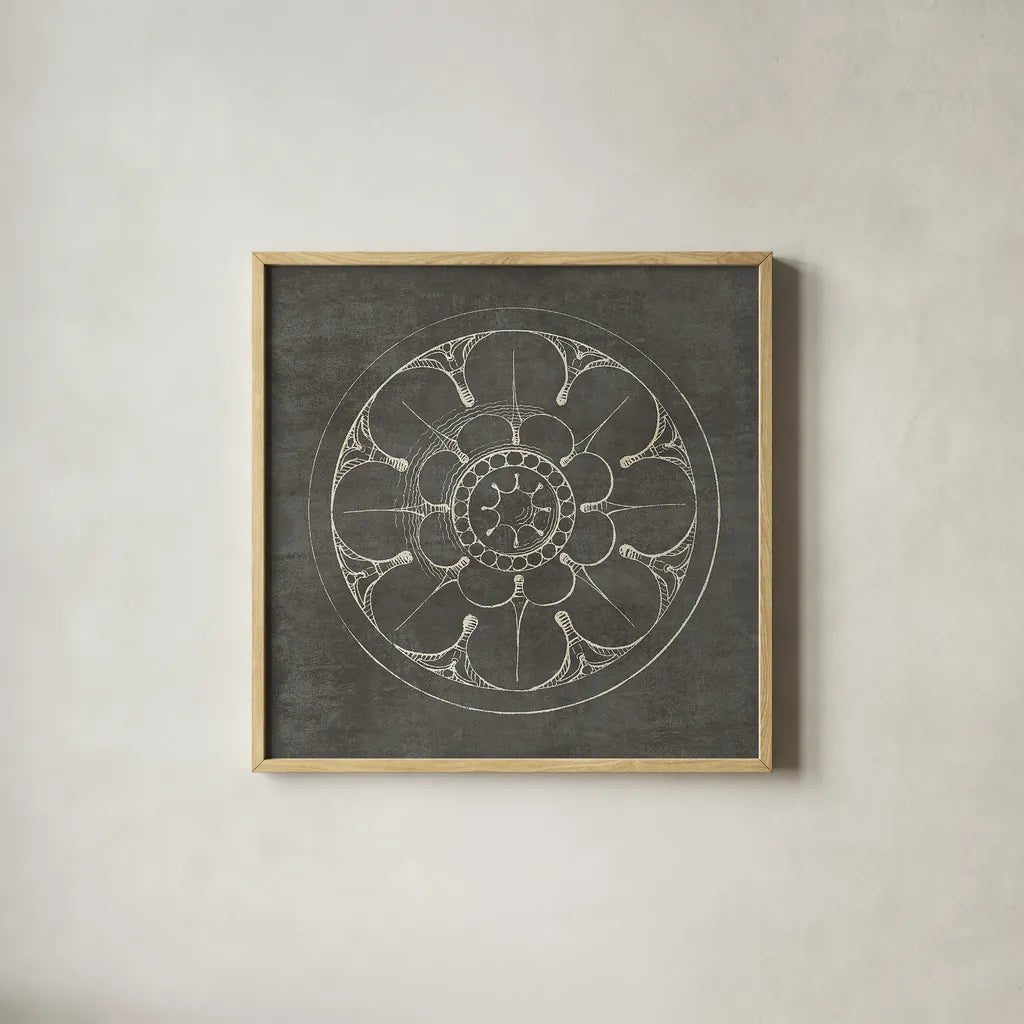 Rosette III Gray by Wild Apple Portfolio. Shown in a natural wood glass frame for a timeless modern aesthetic. Available as an archival giclee rolled canvas, fine art paper, or poster print. SKU 21575a.