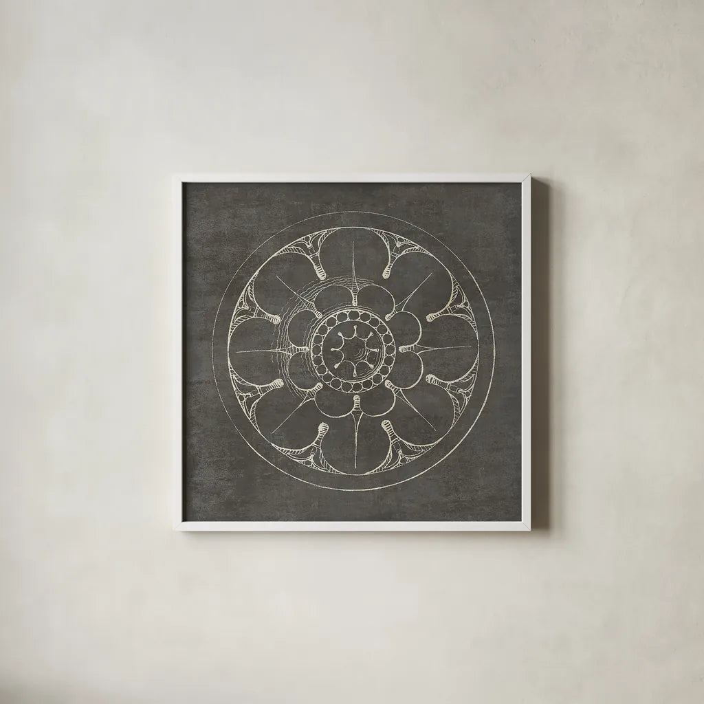 Rosette III Gray by Wild Apple Portfolio. Shown in a crisp white glass frame for a clean and minimalist style. Available as an archival giclee rolled canvas, fine art paper, or poster print. SKU 21575a.