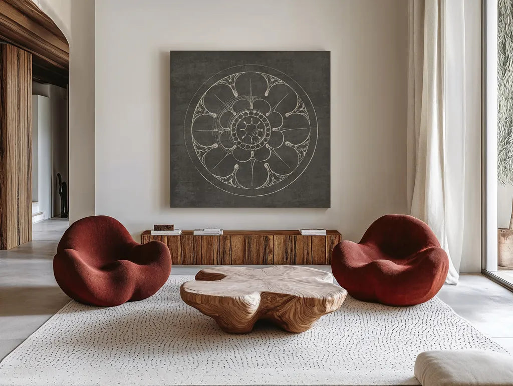 Rosette III Gray by Wild Apple Portfolio. Shown as extra-large giant wall art in a modern living room. Available as an archival giclee rolled canvas, fine art paper, or poster print. SKU 21575a.