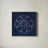 Rosette III Indigo by Wild Apple Portfolio. Shown in a sleek black glass frame for a contemporary gallery look. Available as an archival giclee rolled canvas, fine art paper, or poster print. SKU 23698a.