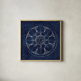 Rosette III Indigo by Wild Apple Portfolio. Shown in a natural wood glass frame for a timeless modern aesthetic. Available as an archival giclee rolled canvas, fine art paper, or poster print. SKU 23698a.