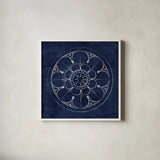 Rosette III Indigo by Wild Apple Portfolio. Shown in a crisp white glass frame for a clean and minimalist style. Available as an archival giclee rolled canvas, fine art paper, or poster print. SKU 23698a.