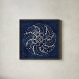 Rosette IV Indigo by Wild Apple Portfolio. Shown in a sleek black glass frame for a contemporary gallery look. Available as an archival giclee rolled canvas, fine art paper, or poster print. SKU 23699a.