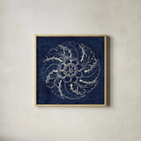 Rosette IV Indigo by Wild Apple Portfolio. Shown in a natural wood glass frame for a timeless modern aesthetic. Available as an archival giclee rolled canvas, fine art paper, or poster print. SKU 23699a.