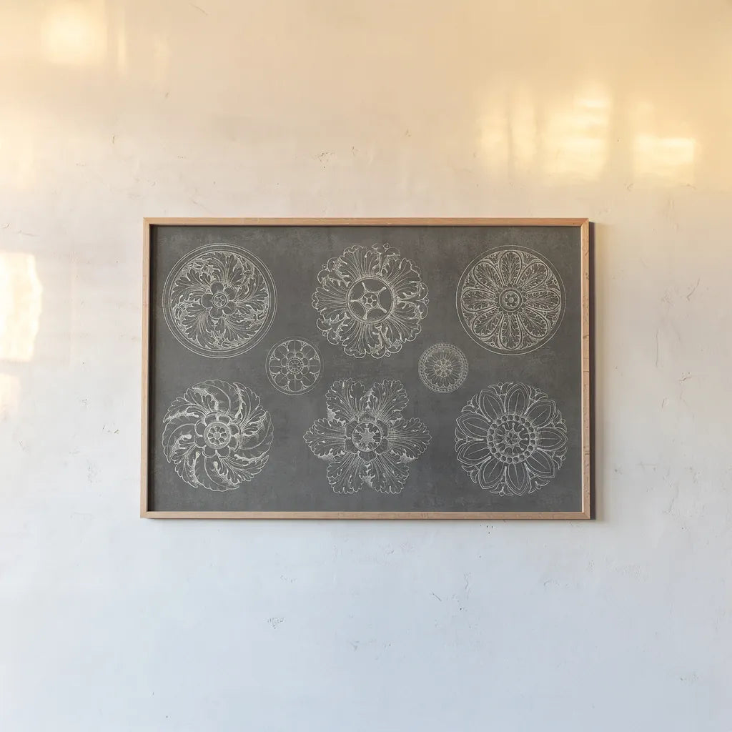 Rosette IX Gray by Wild Apple Portfolio. shown as a paper print in a natural frame. Available as a archival giclee rolled canvas, fine art paper, or poster print. SKU 21581i.