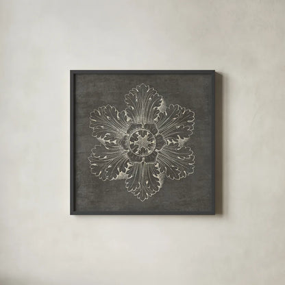 Rosette V Gray by Wild Apple Portfolio. Shown in a sleek black glass frame for a contemporary gallery look. Available as an archival giclee rolled canvas, fine art paper, or poster print. SKU 21577a.