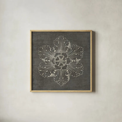 Rosette V Gray by Wild Apple Portfolio. Shown in a natural wood glass frame for a timeless modern aesthetic. Available as an archival giclee rolled canvas, fine art paper, or poster print. SKU 21577a.