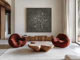 Rosette V Gray by Wild Apple Portfolio. Shown as extra-large giant wall art in a modern living room. Available as an archival giclee rolled canvas, fine art paper, or poster print. SKU 21577a.