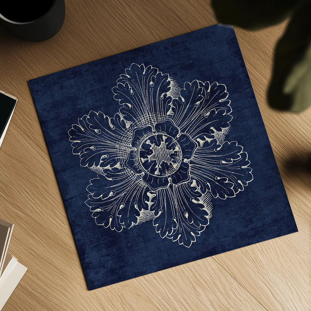 Rosette V Indigo by Wild Apple Portfolio. Shown as a detailed flat fine art print, highlighting archival giclee quality. Available as an archival giclee rolled canvas, fine art paper, or poster print. SKU 23700a.