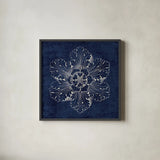 Rosette V Indigo by Wild Apple Portfolio. Shown in a sleek black glass frame for a contemporary gallery look. Available as an archival giclee rolled canvas, fine art paper, or poster print. SKU 23700a.