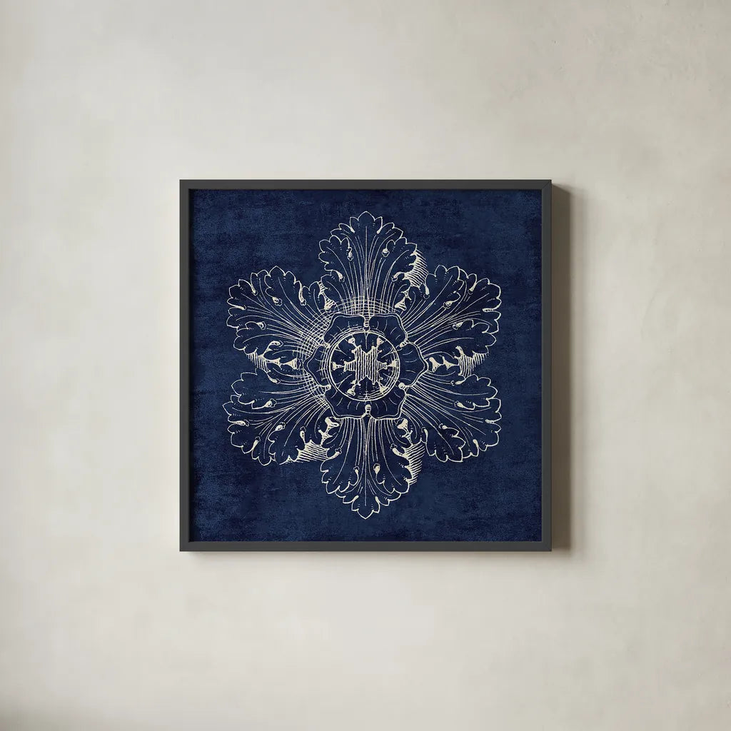 Rosette V Indigo by Wild Apple Portfolio. Shown in a sleek black glass frame for a contemporary gallery look. Available as an archival giclee rolled canvas, fine art paper, or poster print. SKU 23700a.