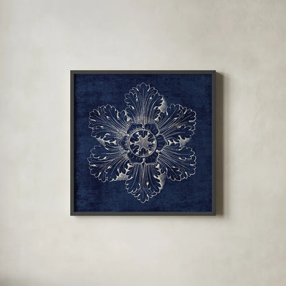 Rosette V Indigo by Wild Apple Portfolio. Shown in a sleek black glass frame for a contemporary gallery look. Available as an archival giclee rolled canvas, fine art paper, or poster print. SKU 23700a.