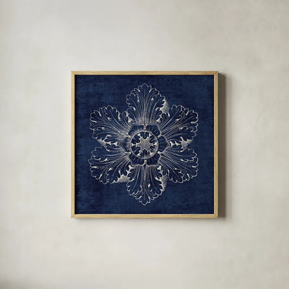 Rosette V Indigo by Wild Apple Portfolio. Shown in a natural wood glass frame for a timeless modern aesthetic. Available as an archival giclee rolled canvas, fine art paper, or poster print. SKU 23700a.