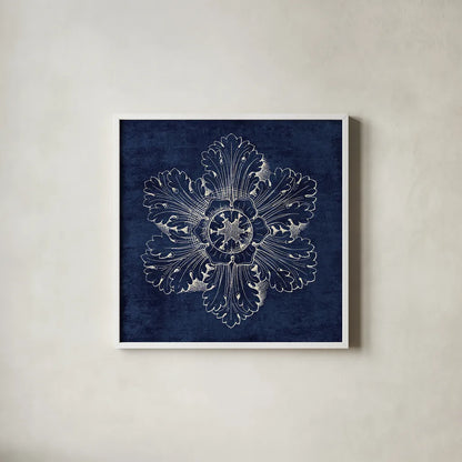Rosette V Indigo by Wild Apple Portfolio. Shown in a crisp white glass frame for a clean and minimalist style. Available as an archival giclee rolled canvas, fine art paper, or poster print. SKU 23700a.