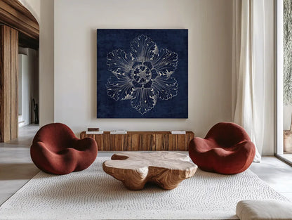 Rosette V Indigo by Wild Apple Portfolio. Shown as extra-large giant wall art in a modern living room. Available as an archival giclee rolled canvas, fine art paper, or poster print. SKU 23700a.