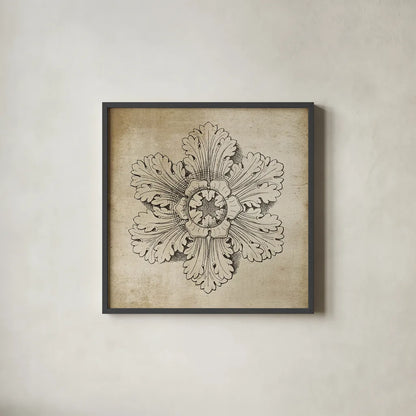 Rosette V Neutral by Wild Apple Portfolio. Shown in a sleek black glass frame for a contemporary gallery look. Available as an archival giclee rolled canvas, fine art paper, or poster print. SKU 24306a.