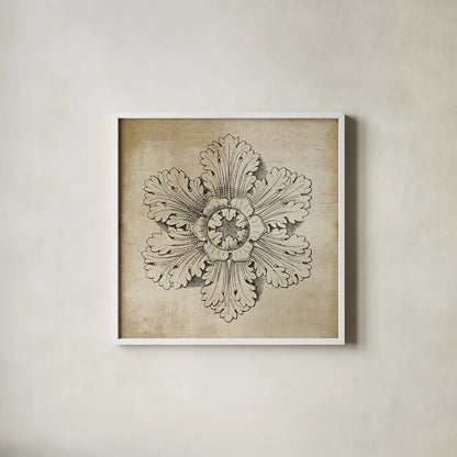 Rosette V Neutral by Wild Apple Portfolio. Shown in a crisp white glass frame for a clean and minimalist style. Available as an archival giclee rolled canvas, fine art paper, or poster print. SKU 24306a.