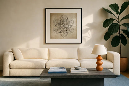 Rosette V Neutral by Wild Apple Portfolio. Displayed in a glass frame with matte in a clean modern living room. Available as an archival giclee rolled canvas, fine art paper, or poster print. SKU 24306a.