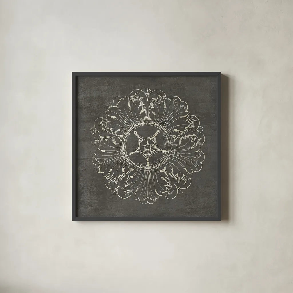 Rosette VI Gray by Wild Apple Portfolio. Shown in a sleek black glass frame for a contemporary gallery look. Available as an archival giclee rolled canvas, fine art paper, or poster print. SKU 21578a.