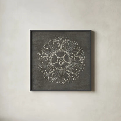 Rosette VI Gray by Wild Apple Portfolio. Shown in a sleek black glass frame for a contemporary gallery look. Available as an archival giclee rolled canvas, fine art paper, or poster print. SKU 21578a.