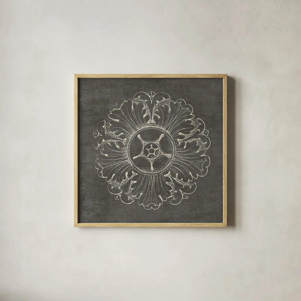Rosette VI Gray by Wild Apple Portfolio. Shown in a natural wood glass frame for a timeless modern aesthetic. Available as an archival giclee rolled canvas, fine art paper, or poster print. SKU 21578a.
