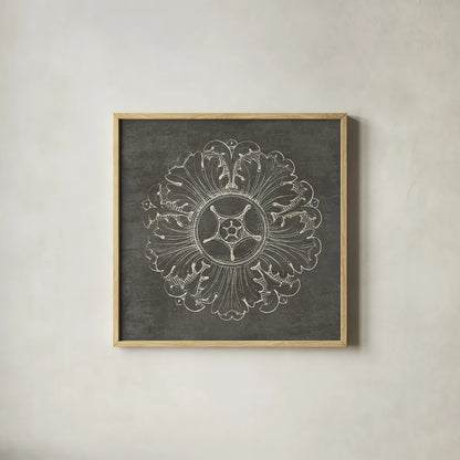 Rosette VI Gray by Wild Apple Portfolio. Shown in a natural wood glass frame for a timeless modern aesthetic. Available as an archival giclee rolled canvas, fine art paper, or poster print. SKU 21578a.