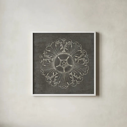 Rosette VI Gray by Wild Apple Portfolio. Shown in a crisp white glass frame for a clean and minimalist style. Available as an archival giclee rolled canvas, fine art paper, or poster print. SKU 21578a.